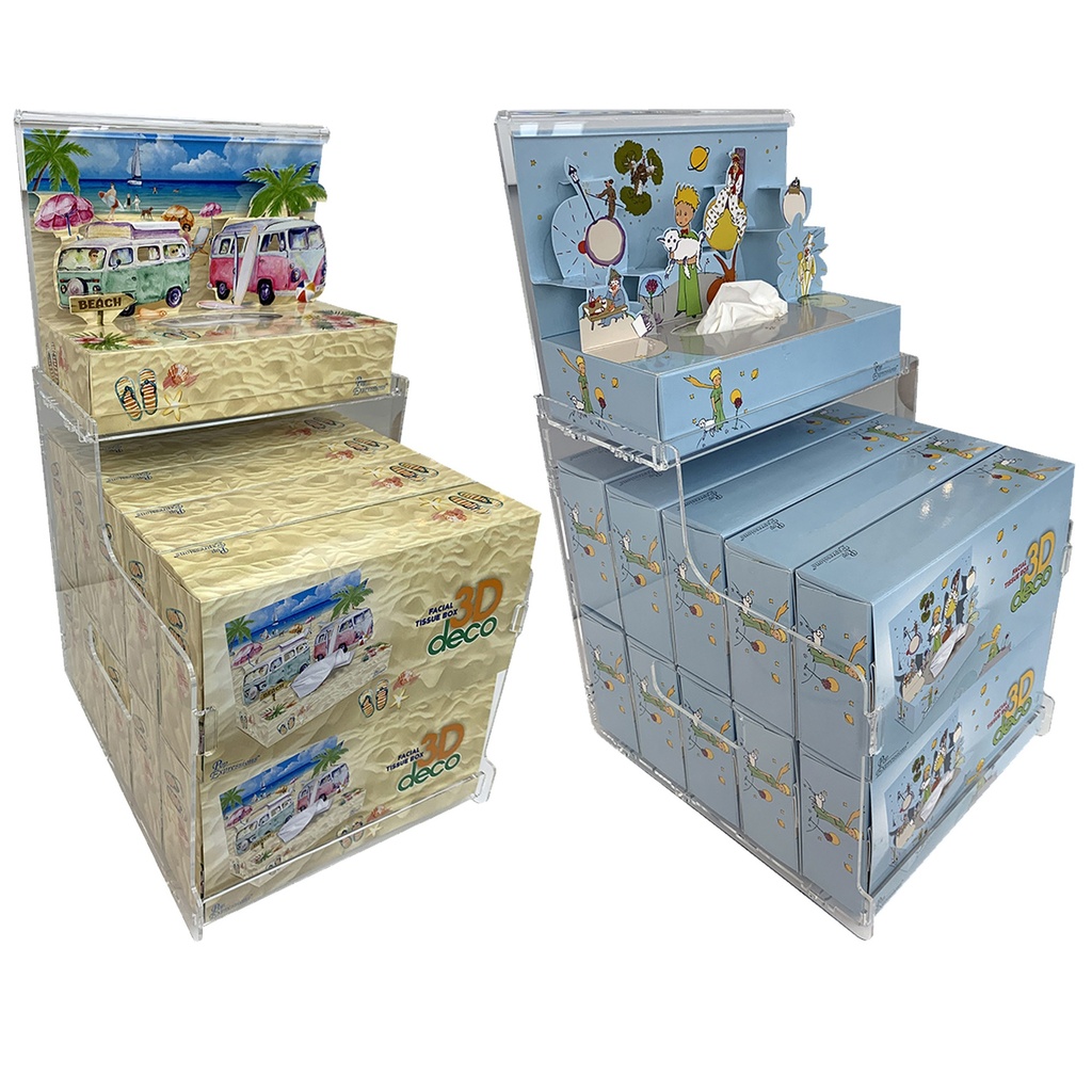 Starter Kit 2 : 22 boîtes 3D DECO de mouchoirs (11 "California" + 11 "Le Petit Prince") + 2 présentoirs en plexiglas
