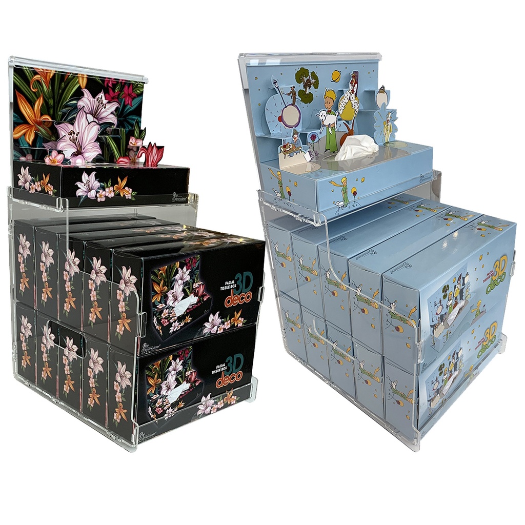 Starter Kit 2 : 22 boîtes 3D DECO de mouchoirs (11 &quot;Fleurs de Lys&quot; + 11 &quot;Le Petit Prince&quot;) + 2 présentoirs en plexiglas