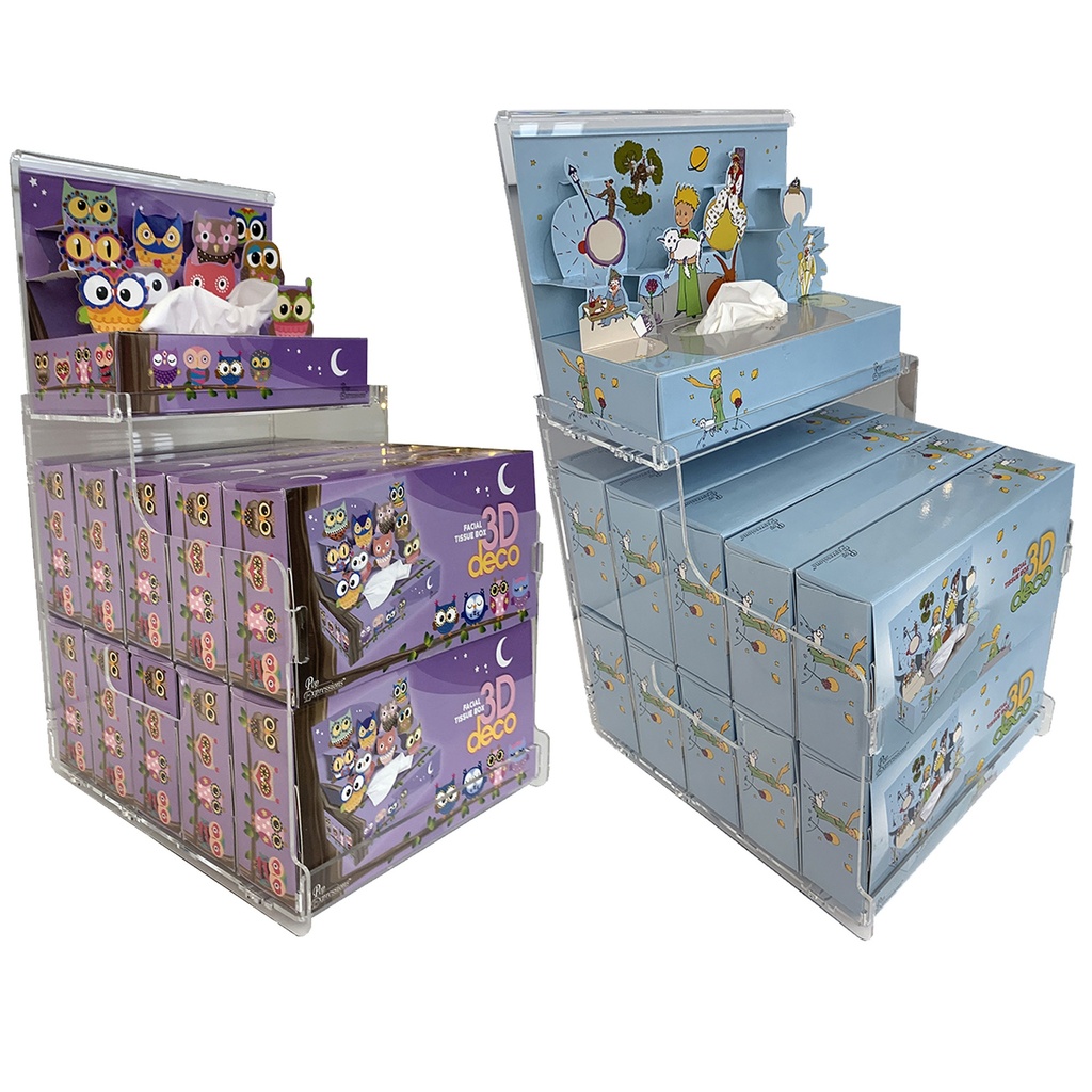 Starter Kit 2 : 22 boîtes 3D DECO de mouchoirs (11 &quot;Le Petit Prince&quot; + 11 &quot;Hiboux&quot;) + 2 présentoirs en plexiglas