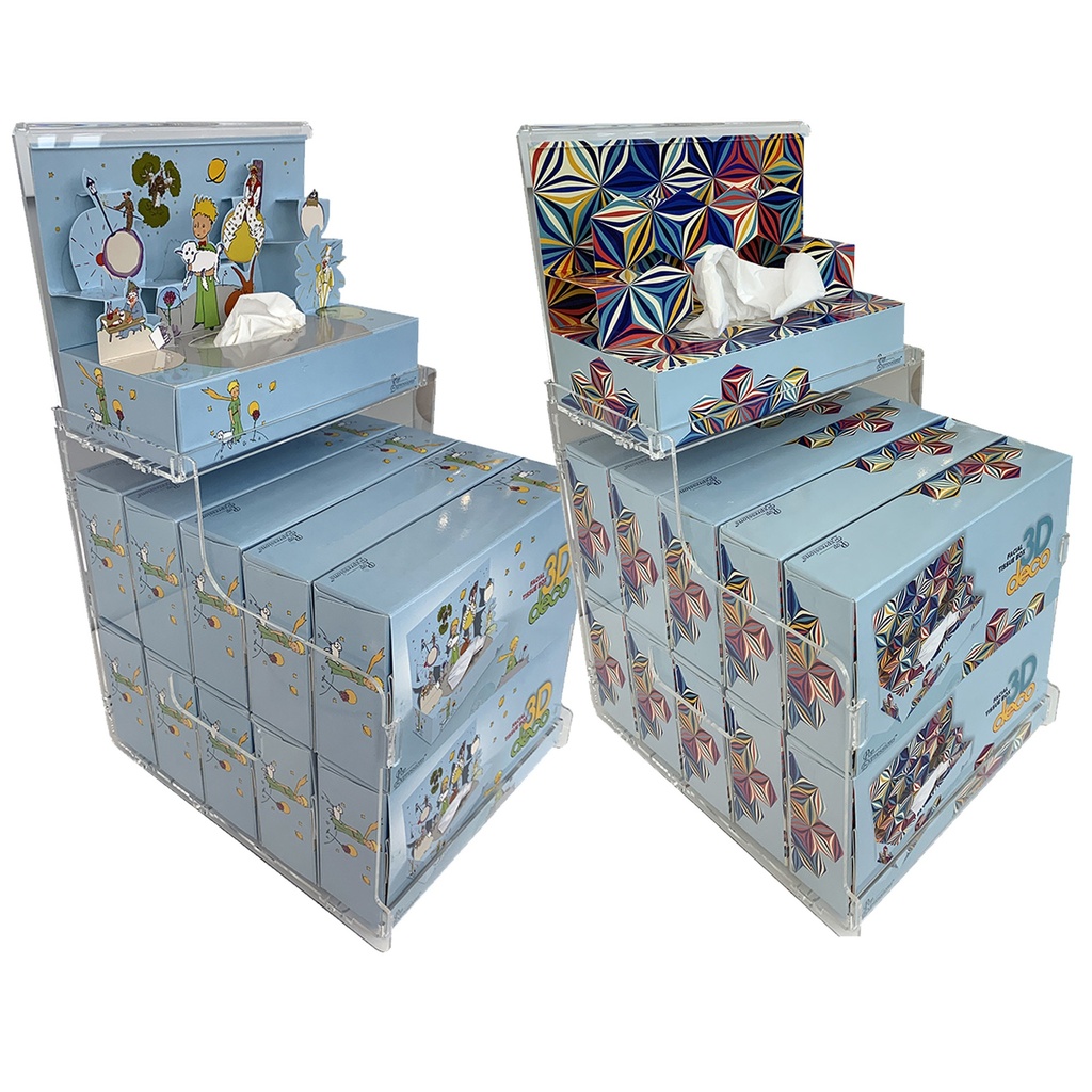 Starter Kit 2 : 22 boîtes 3D DECO de mouchoirs (11 "Le Petit Prince" + 11 "Psykadelic") + 2 présentoirs en plexiglas