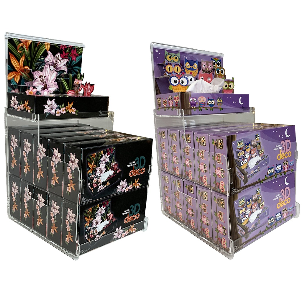 [SK022-PEB1R09H-NANA000M104NAP] Starter Kit 2 : 22 facial tissues 3D DECO boxes (11 "Lilies" + 11 "Owls") + 2 plexiglas displays